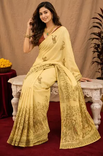  cream maroon chanderi cotton blend printed  1 minute ready to wear saree with unstitched blouse piece