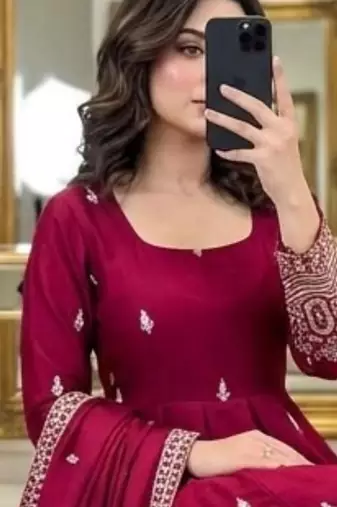 Maroon silk blend embroidered flared gown set