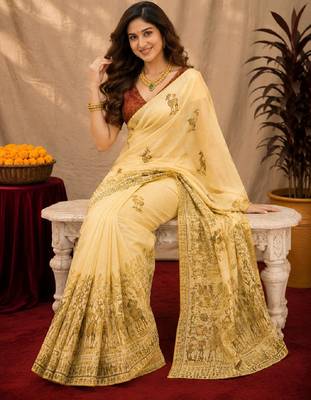  cream maroon chanderi cotton blend printed  1 minute ready to wear saree with unstitched blouse piece 3