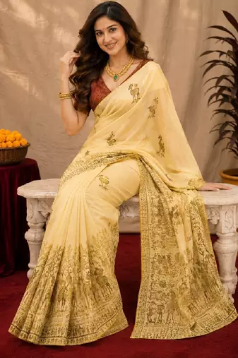 cream maroon chanderi cotton blend printed  1 minute ready to wear saree with unstitched blouse piece
