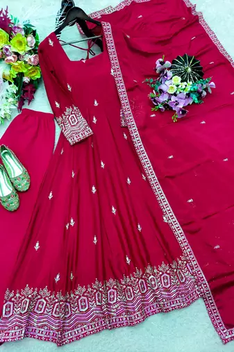 Maroon silk blend embroidered flared gown set