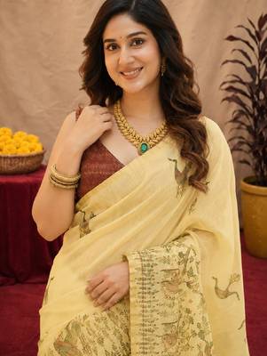  cream maroon chanderi cotton blend printed  1 minute ready to wear saree with unstitched blouse piece 4