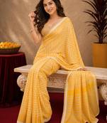  yellow cream chanderi cotton blend printed  1 minute ready to wear saree with unstitched blouse piece