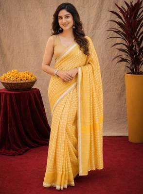  yellow cream chanderi cotton blend printed  1 minute ready to wear saree with unstitched blouse piece 2