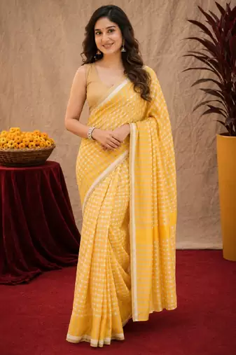  yellow cream chanderi cotton blend printed  1 minute ready to wear saree with unstitched blouse piece