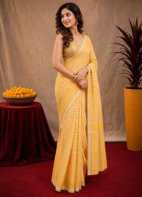  yellow cream chanderi cotton blend printed  1 minute ready to wear saree with unstitched blouse piece 3