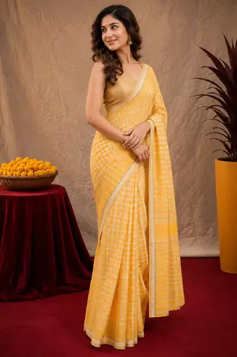  yellow cream chanderi cotton blend printed  1 minute ready to wear saree with unstitched blouse piece