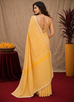  yellow cream chanderi cotton blend printed  1 minute ready to wear saree with unstitched blouse piece 4