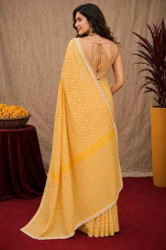  yellow cream chanderi cotton blend printed  1 minute ready to wear saree with unstitched blouse piece