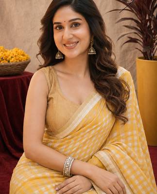  yellow cream chanderi cotton blend printed  1 minute ready to wear saree with unstitched blouse piece 5