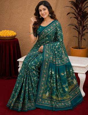  teal chanderi cotton blend printed work 1 minute ready to wear saree with unstitched blouse piece 1