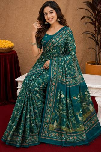  teal chanderi cotton blend printed work 1 minute ready to wear saree with unstitched blouse piece