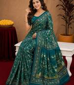  teal chanderi cotton blend printed work 1 minute ready to wear saree with unstitched blouse piece