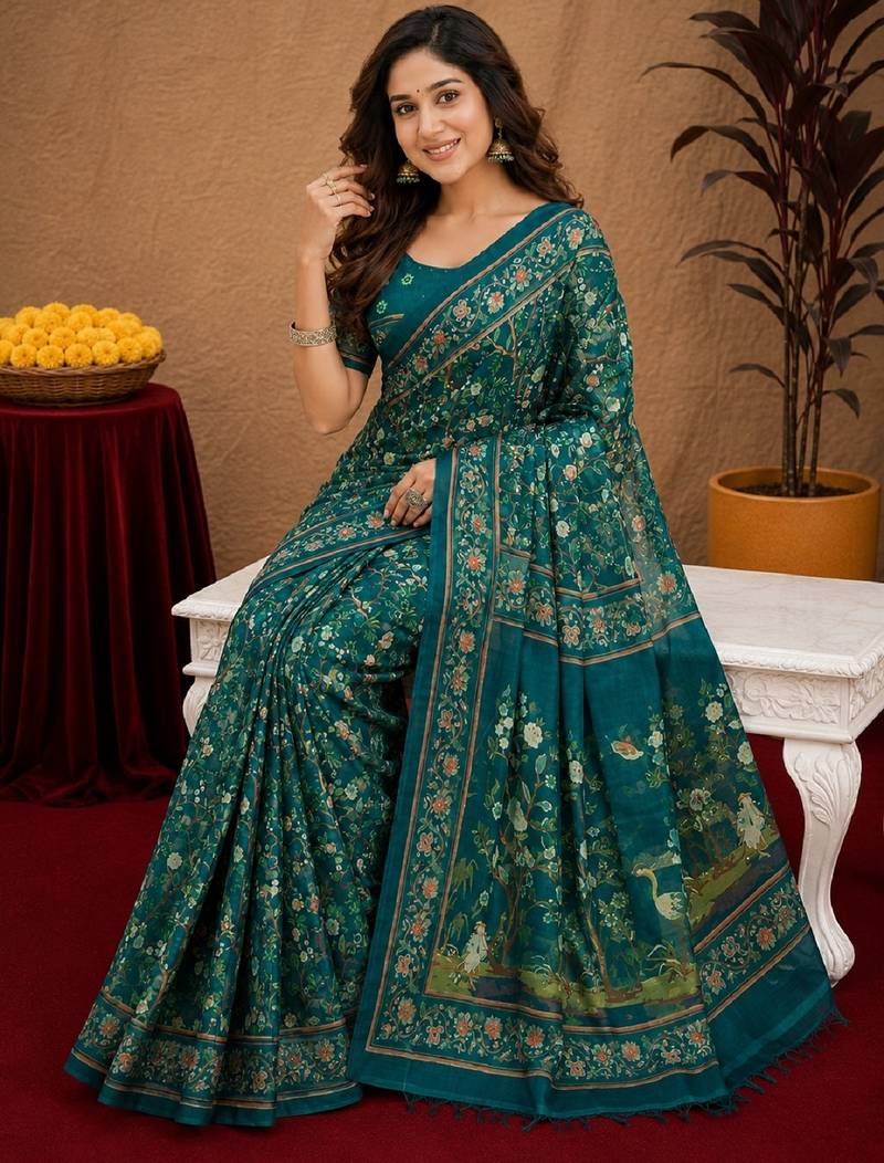  teal chanderi cotton blend printed work 1 minute ready to wear saree with unstitched blouse piece
