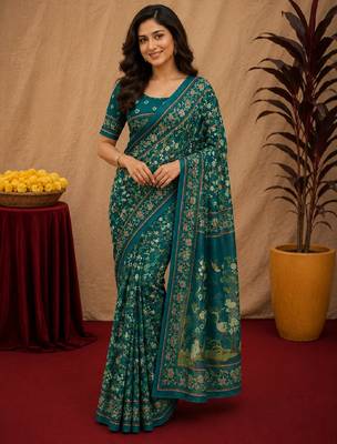  teal chanderi cotton blend printed work 1 minute ready to wear saree with unstitched blouse piece 2