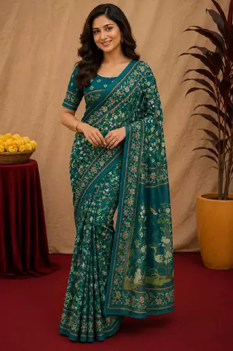  teal chanderi cotton blend printed work 1 minute ready to wear saree with unstitched blouse piece