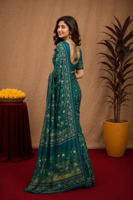  teal chanderi cotton blend printed work 1 minute ready to wear saree with unstitched blouse piece 3