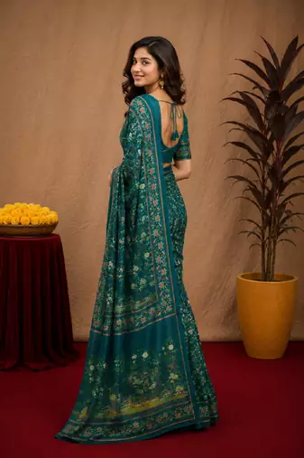  teal chanderi cotton blend printed work 1 minute ready to wear saree with unstitched blouse piece
