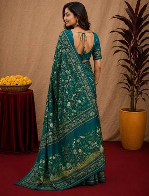  teal chanderi cotton blend printed work 1 minute ready to wear saree with unstitched blouse piece 4