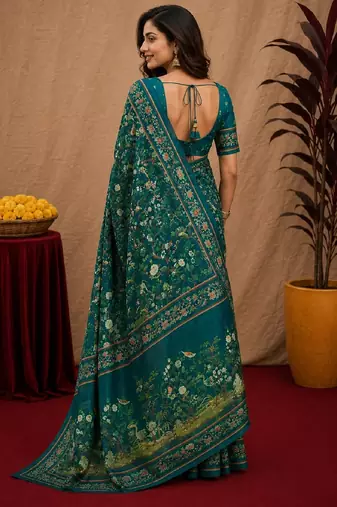  teal chanderi cotton blend printed work 1 minute ready to wear saree with unstitched blouse piece