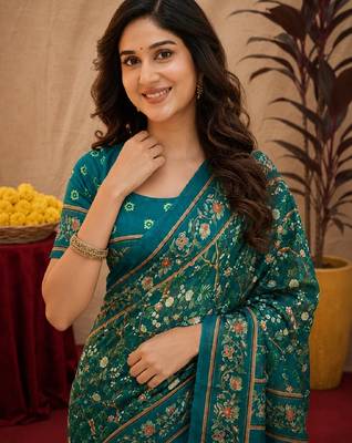  teal chanderi cotton blend printed work 1 minute ready to wear saree with unstitched blouse piece 5