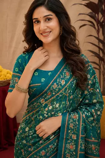  teal chanderi cotton blend printed work 1 minute ready to wear saree with unstitched blouse piece