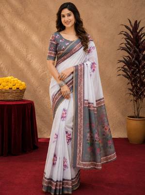  white grey chanderi cotton blend printed 1 minute ready to wear saree with unstitched blouse piece 1