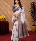  white grey chanderi cotton blend printed 1 minute ready to wear saree with unstitched blouse piece
