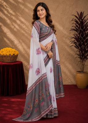  white grey chanderi cotton blend printed 1 minute ready to wear saree with unstitched blouse piece 2