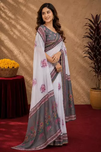  white grey chanderi cotton blend printed 1 minute ready to wear saree with unstitched blouse piece