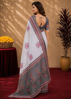  white grey chanderi cotton blend printed 1 minute ready to wear saree with unstitched blouse piece 3