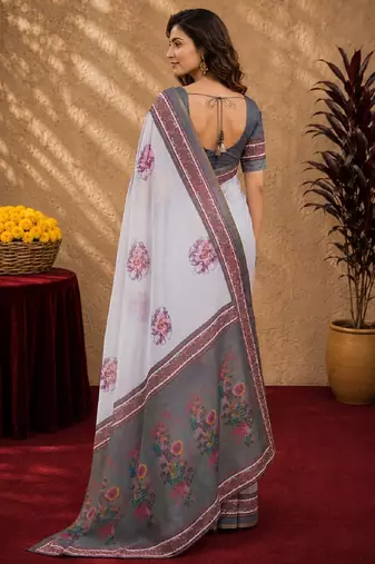  white grey chanderi cotton blend printed 1 minute ready to wear saree with unstitched blouse piece