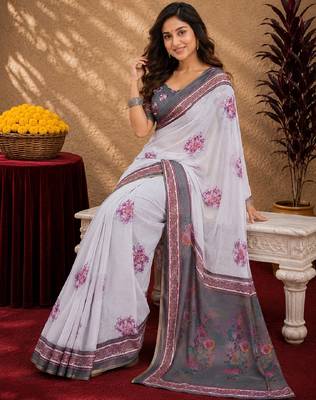  white grey chanderi cotton blend printed 1 minute ready to wear saree with unstitched blouse piece 4