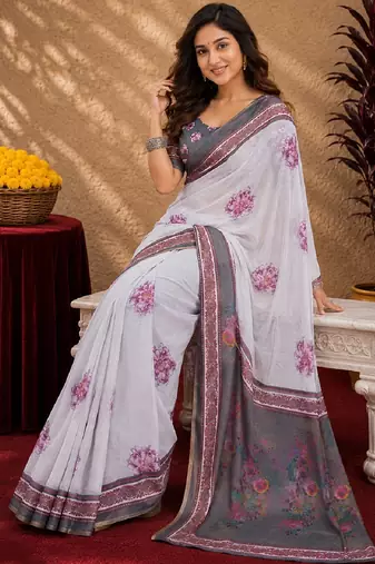 white grey chanderi cotton blend printed 1 minute ready to wear saree with unstitched blouse piece