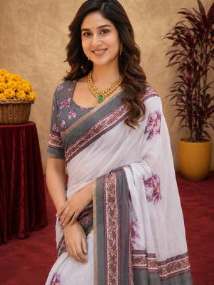  white grey chanderi cotton blend printed 1 minute ready to wear saree with unstitched blouse piece 5