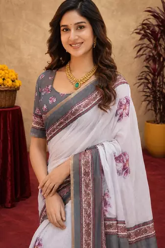  white grey chanderi cotton blend printed 1 minute ready to wear saree with unstitched blouse piece