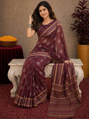   wine chanderi cotton blend printed work 1 minute ready to wear saree with unstitched blouse piece 1