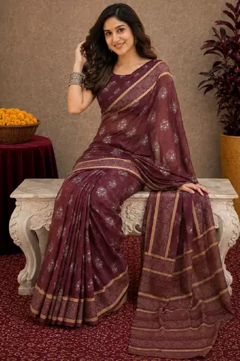   wine chanderi cotton blend printed work 1 minute ready to wear saree with unstitched blouse piece