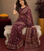   wine chanderi cotton blend printed work 1 minute ready to wear saree with unstitched blouse piece