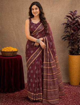   wine chanderi cotton blend printed work 1 minute ready to wear saree with unstitched blouse piece 2