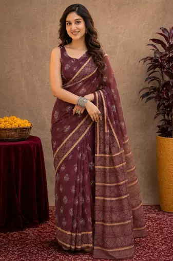   wine chanderi cotton blend printed work 1 minute ready to wear saree with unstitched blouse piece