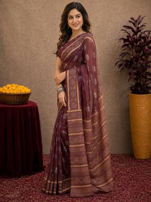   wine chanderi cotton blend printed work 1 minute ready to wear saree with unstitched blouse piece 3
