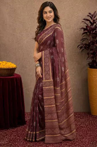   wine chanderi cotton blend printed work 1 minute ready to wear saree with unstitched blouse piece