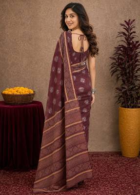   wine chanderi cotton blend printed work 1 minute ready to wear saree with unstitched blouse piece 4