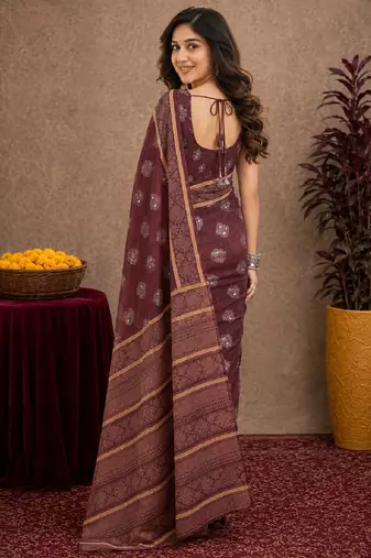   wine chanderi cotton blend printed work 1 minute ready to wear saree with unstitched blouse piece