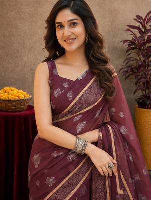   wine chanderi cotton blend printed work 1 minute ready to wear saree with unstitched blouse piece 5