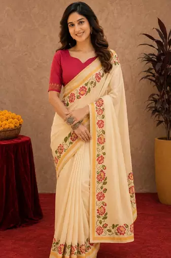 off white pink chanderi cotton blend printed  1 minute ready to wear saree with unstitched blouse piece