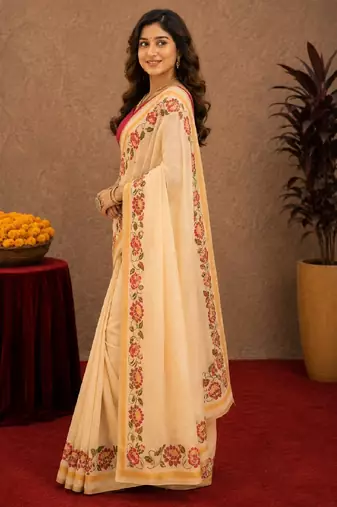  off white pink chanderi cotton blend printed  1 minute ready to wear saree with unstitched blouse piece