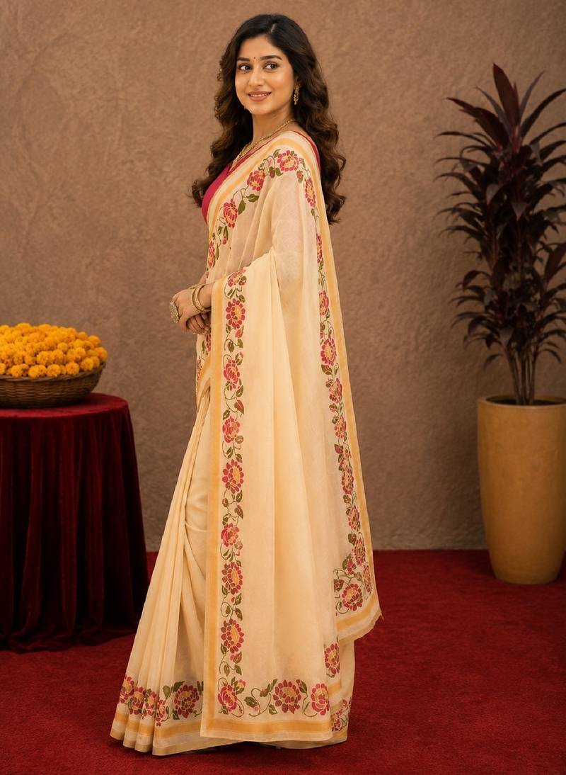  off white pink chanderi cotton blend printed  1 minute ready to wear saree with unstitched blouse piece