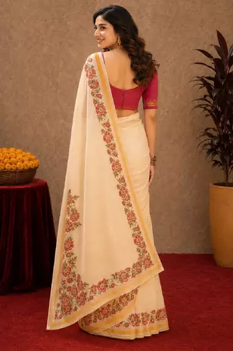  off white pink chanderi cotton blend printed  1 minute ready to wear saree with unstitched blouse piece
